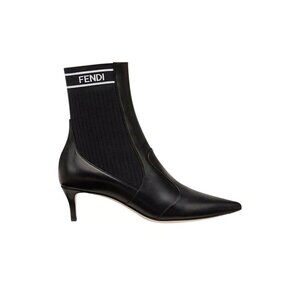 Fendi‎ Rockoko Black Leather Boots Stretch FF Logo Sock Ankle Kitten Heel EU 40